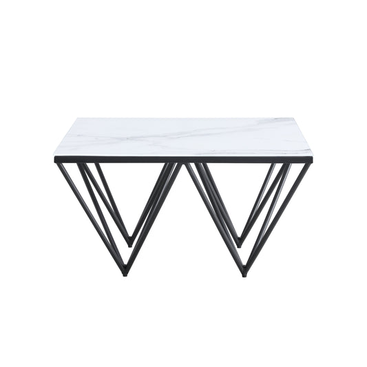 Table Basse Gizeh – Pieds Métal Noir & Plateau Verre Marbre Blanc 80x80x45 cm