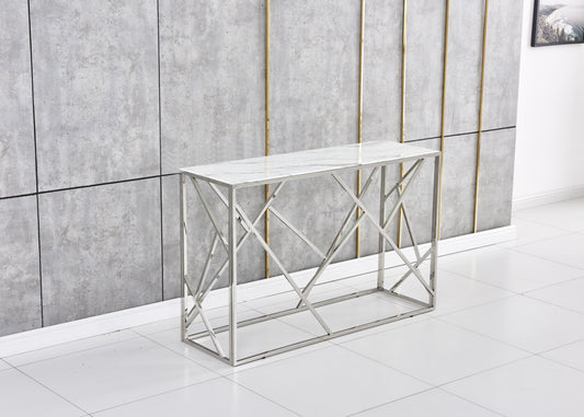 Console Geomag en Chrome avec Plateau Marbre Blanc – 120x40x78 cm