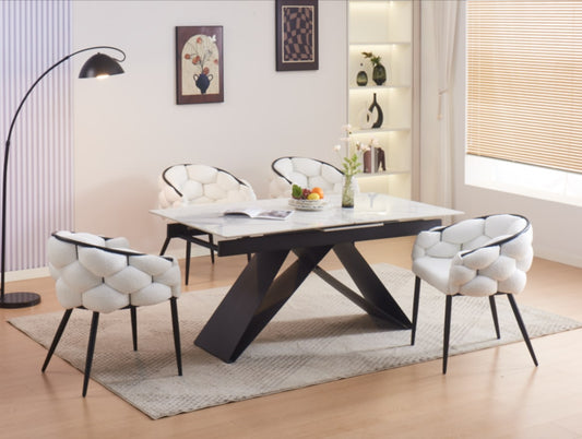 Table de repas extensible Garcia – Pieds métal noir et plateau céramique effet marbre blanc 160/200x90 cm