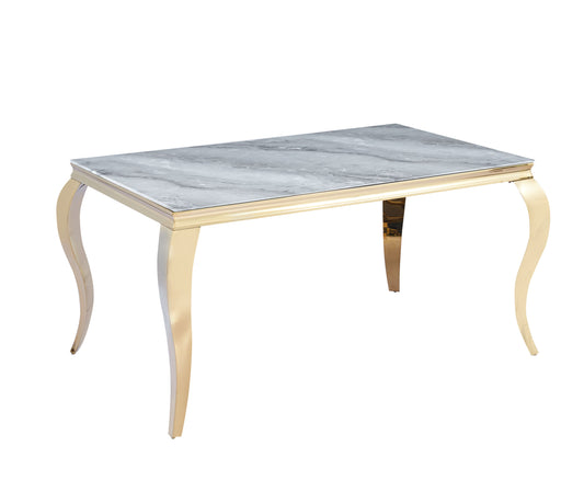 Table repas Baroque – Pieds gold et plateau effet marbre grège 150x90x75 cm