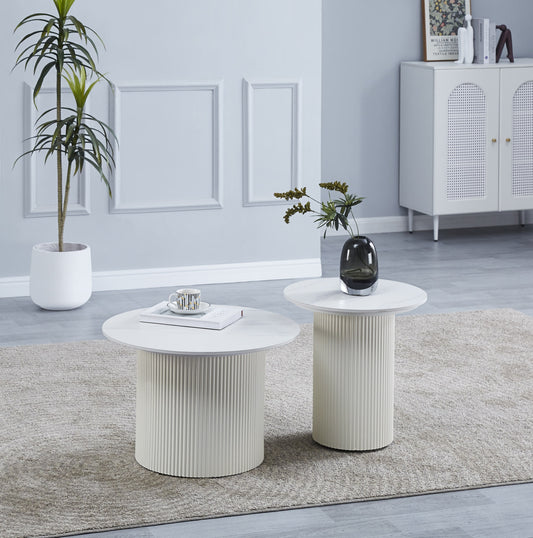 Table Basse Gigogne Polpo – Pieds Beige & Plateau Céramique Effet Marbre Blanc 70x70x38 + 50x50x45 cm
