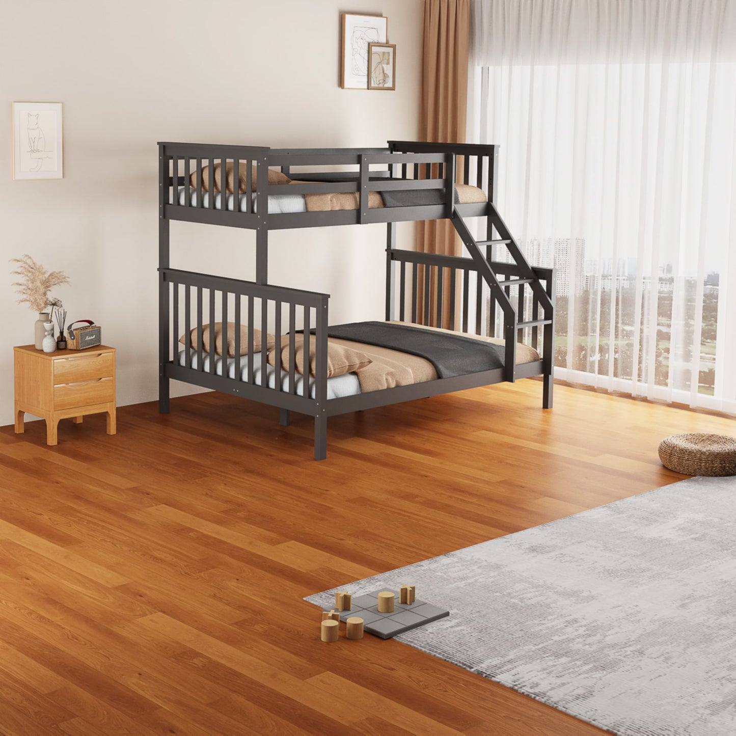 Lit superposé « Batna » en bois 2+1 – Gris – 90x190 cm + 140x190 cm