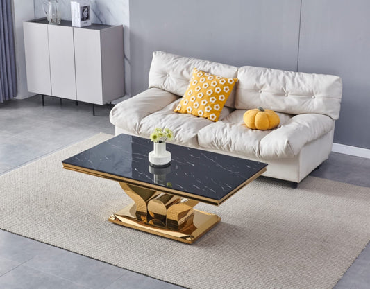 Table Basse Trofy – Finition Or & Plateau Marbre Noir 120x60x45 cm