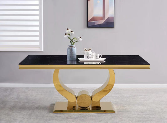Table repas Trofy – Pieds gold et plateau effet marbre noir 150cm