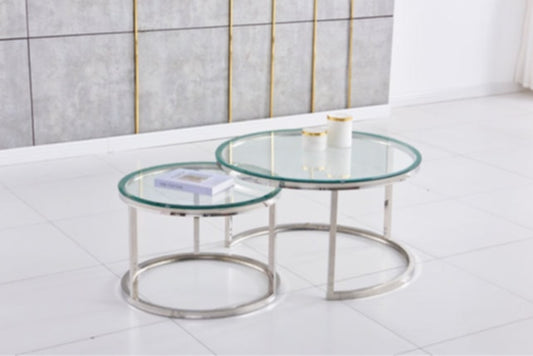 Tables Basses Gigognes – Pieds Chrome & Plateaux Transparants 80x45 + 60x38 cm
