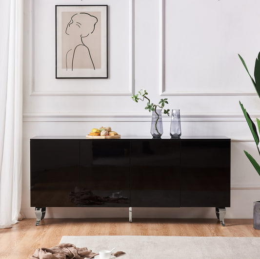 Buffet baroque laqué noir 4 portes 180x40x80 cm – Pieds chromés élégants