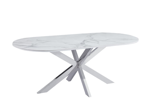 Table de repas Manon – Pieds chrome et plateau céramique effet marbre blanc 200x100 cm