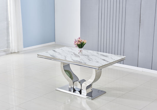 Table repas Trofy – Pieds et plateau effet marbre blanc 150x90x75 cm
