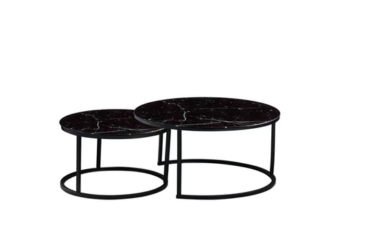 Table Basse Gigogne – Métal Noir & Plateau Verre Marbre Noir