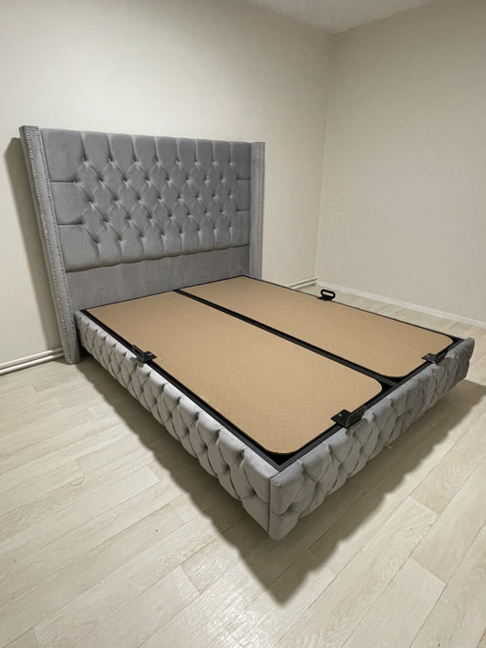 Lit Coffre Box Clouté – Velours Gris 180x200 cm