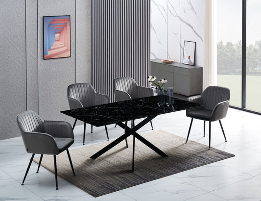 Table rectangulaire New Jessica – Pieds métal et plateau effet marbre noir 180x90 cm