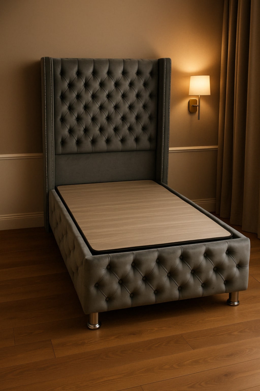 Lit coffre clouté « Box » en velours anthracite – 90x190 cm