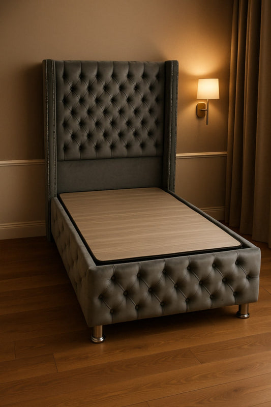 Lit coffre clouté « Box » en velours anthracite – 90x190 cm