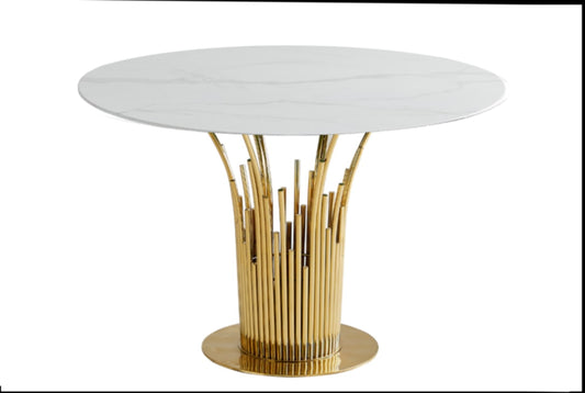 Table repas Flute – Pieds gold et plateau effet marbre blanc