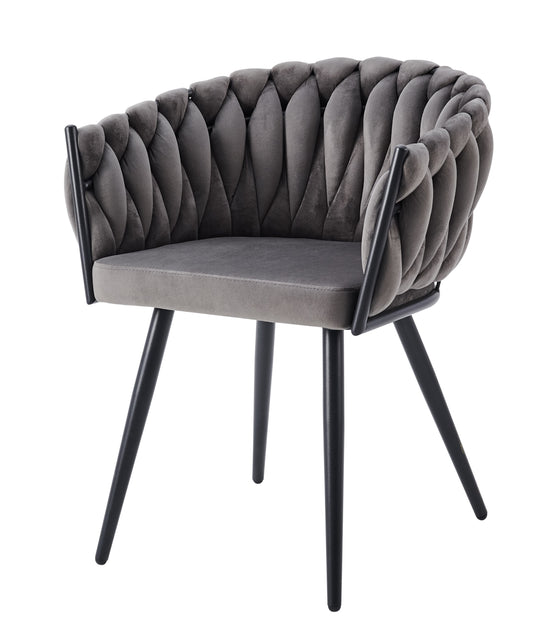 Chaise Tressée avec Accoudoirs en Velours Anthracite et Pieds Métal Noir – Élégance et Confort