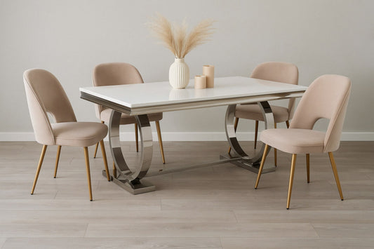 Table de repas Omega – Pieds chrome et plateau effet marbre blanc 180x90 cm