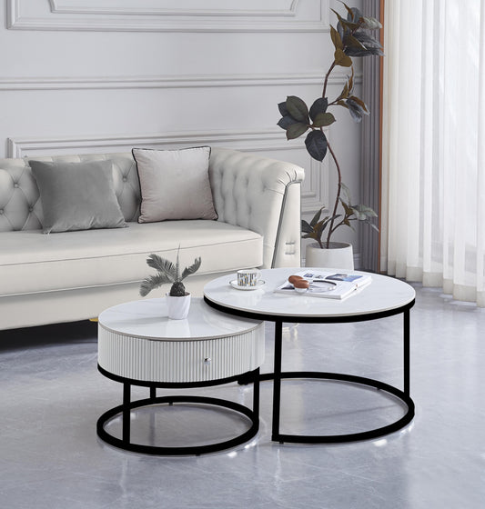 Table Basse Gigogne Samira – Pieds Métal Noir, Tiroir & Plateau Céramique Effet Marbre Blanc 80+60 cm