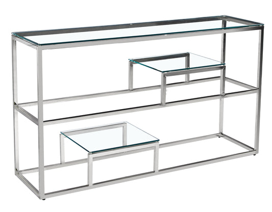 Console Romy à Étagères en Chrome avec Plateau Verre Transparent – 120x40x80 cm