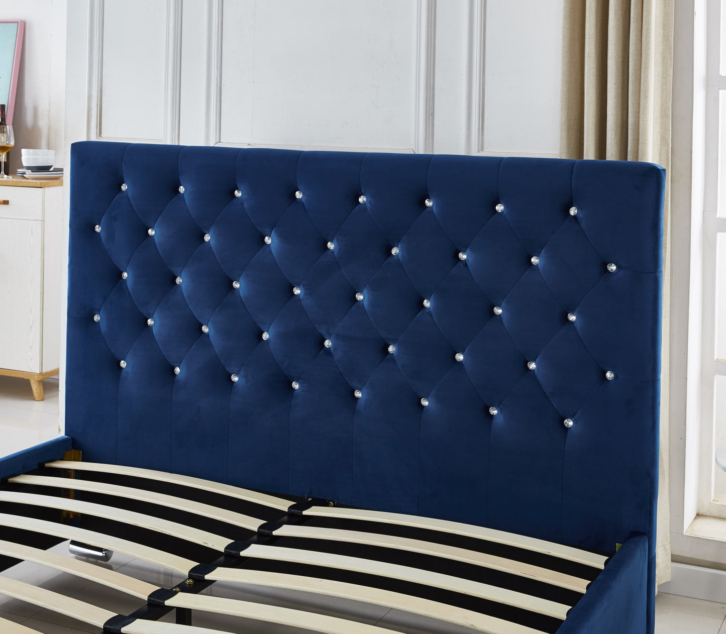 Lit Prestige Capitonné avec Diamants en Velours Bleu 140x190 cm