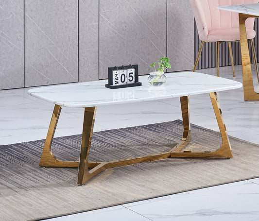 Table Basse Gossip – Pieds Gold & Plateau Marbre Blanc 120x70 cm