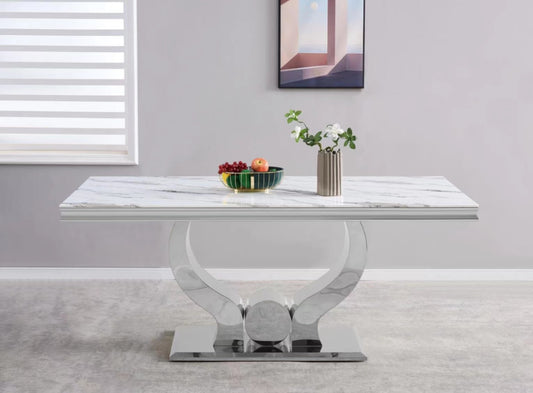Table repas Trofy – Pieds chrome et plateau effet marbre blanc 180x90x75 cm
