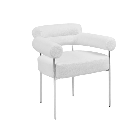 Chaise Bulle avec Accoudoirs en Tissu Doudou Blanc et Pieds Chromés – Confort et Élégance