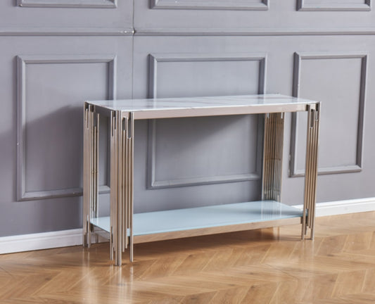 Console Flute en Chrome avec Plateau Marbre Blanc – 120x40x78 cm