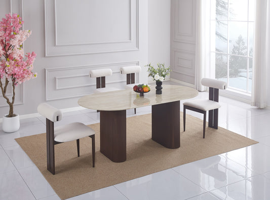 Table à manger Roxy 180x90 cm – Pieds métal, plateau céramique effet travertin mat et finition noyer