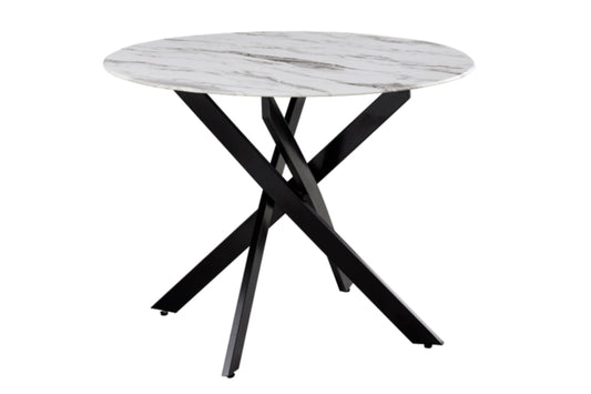 Table repas Jessica – Pieds métal noir et plateau effet marbre blanc 120x75 cm