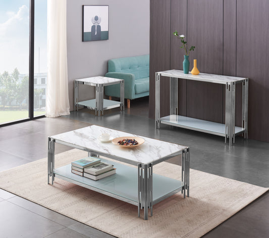 Table Basse Flute – Pieds Chrome & Plateau Marbre Blanc 120x60x45 cm
