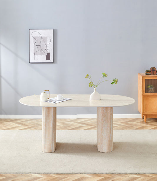 Table à manger Roxy 160x90 cm – Pied effet travertin et plateau en céramique travertin mat