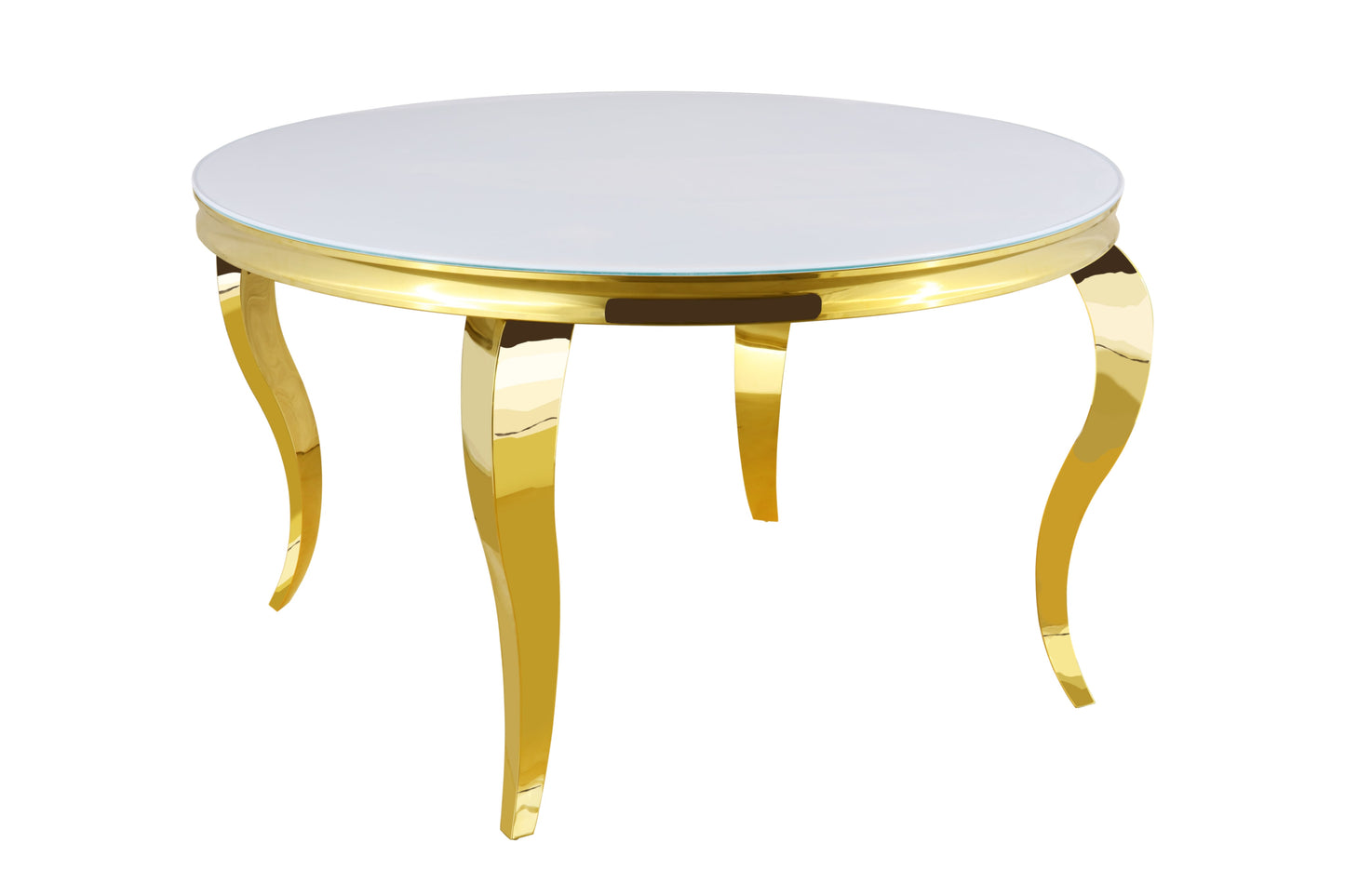 Table repas Baroque ronde – Pieds gold et plateau verre Ultra blanc Ø130x75 cm
