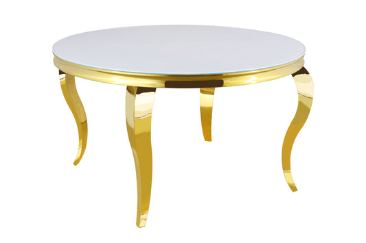 Table repas Baroque ronde – Pieds gold et plateau verre Ultra blanc Ø130x75 cm