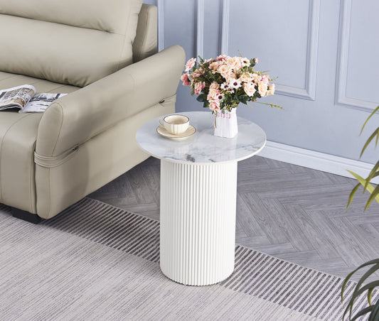 Guéridon Valmy – Pied Beige & Plateau Céramique Effet Marbre Gris 50 cm