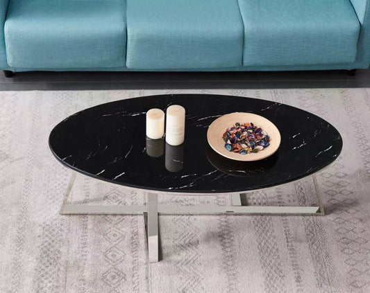 Table Basse Gamma – Finition Chrome & Plateau en Pierre Marbre Noir 120x60x45 cm