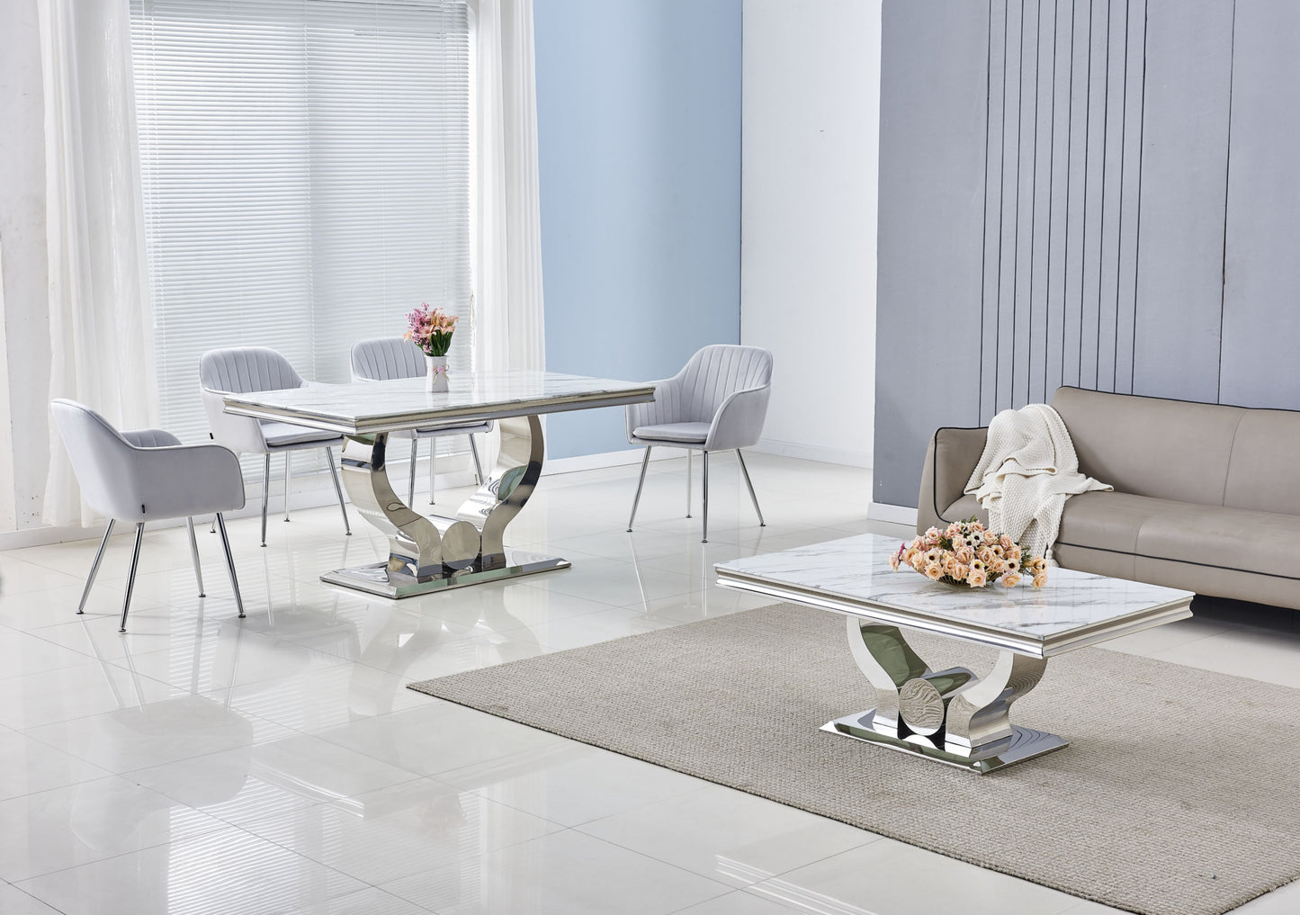 Table repas Trofy – Pieds et plateau effet marbre blanc 150x90x75 cm