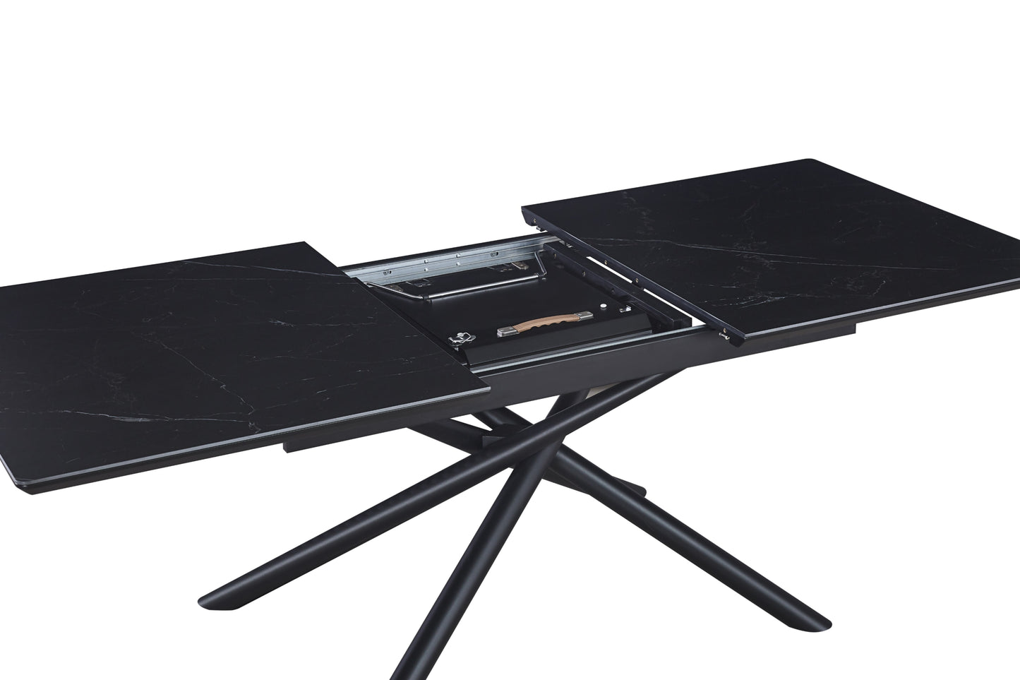 Table extensible Zephir – Pieds métal noir et plateau céramique effet marbre noir 160/200x90x75 cm