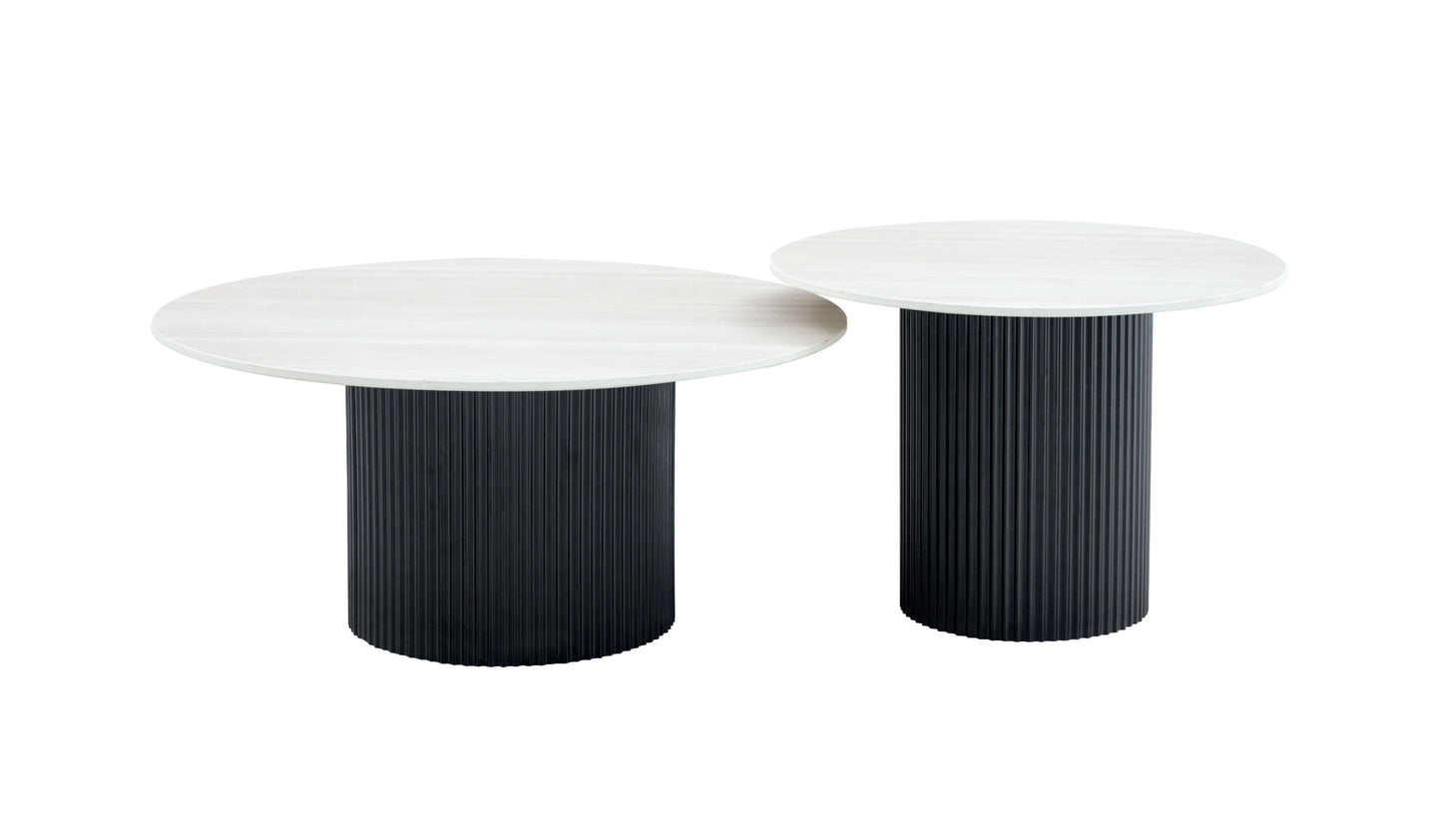 Tables Basses Gigognes Mina – Pied Noir & Plateaux Céramique Effet Bois Blanc 60x45 cm & 80x38 cm