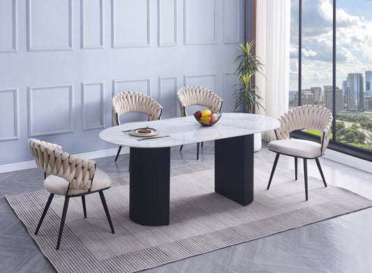 Table à manger Anna – Pieds métal noir et plateau céramique effet marbre blanc 180x90x75 cm