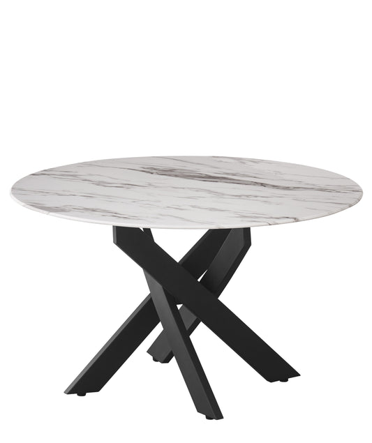 Table Basse Ronde Jessy – Pieds Métal Noir & Plateau Marbre Blanc 80x45 cm
