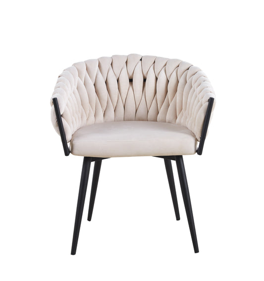 Chaise Tressée avec Accoudoirs en Velours et Pieds Métal Noir – Élégance et Confort