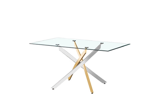 Table repas Jessica – Pieds gold & chrome et plateau transparent 180x90x75 cm