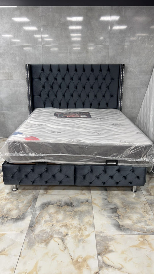 Lit coffre Box Clouté en velours anthracite – Élégance et rangement pratique