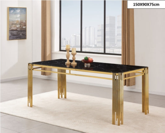 Table à manger Flute – Pieds gold et plateau effet marbre noir 150x90x75 cm