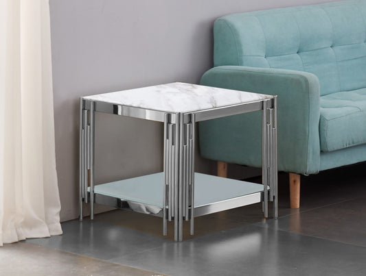 Guéridon Flûte Chrome – Plateau Verre Effet Marbre Blanc 50 cm