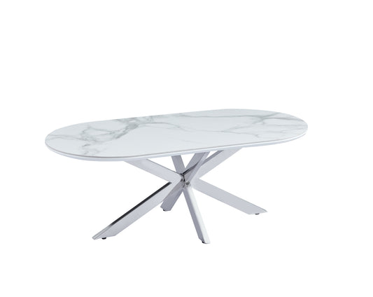 Table Basse Manon – Pied Chrome & Plateau Céramique Effet Marbre Blanc 120x60 cm