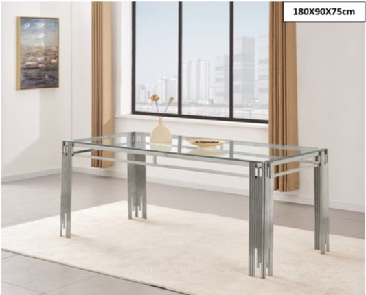 Table à manger Flute – Pieds chrome et plateau transparent 180x90x75 cm