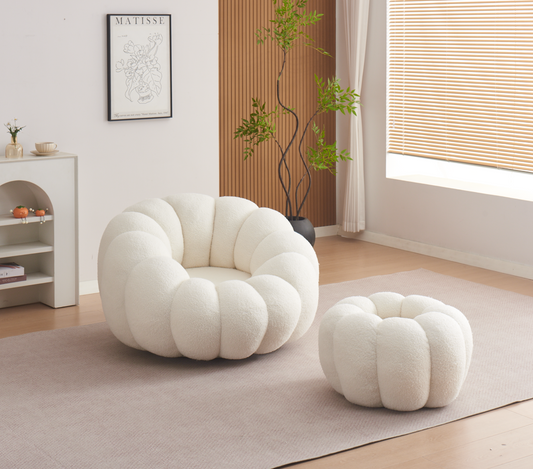 Fauteuil Pivotant Perle en tissu doudou beige + pouf repose-pied