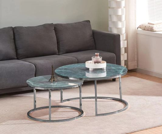 Table Basse Gigogne Roméo – Pieds Chrome & Plateau Marbre Gris-Vert