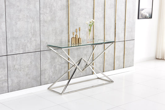 Console Pyramide en Chrome avec Plateau Verre Transparent – 120x40x78 cm